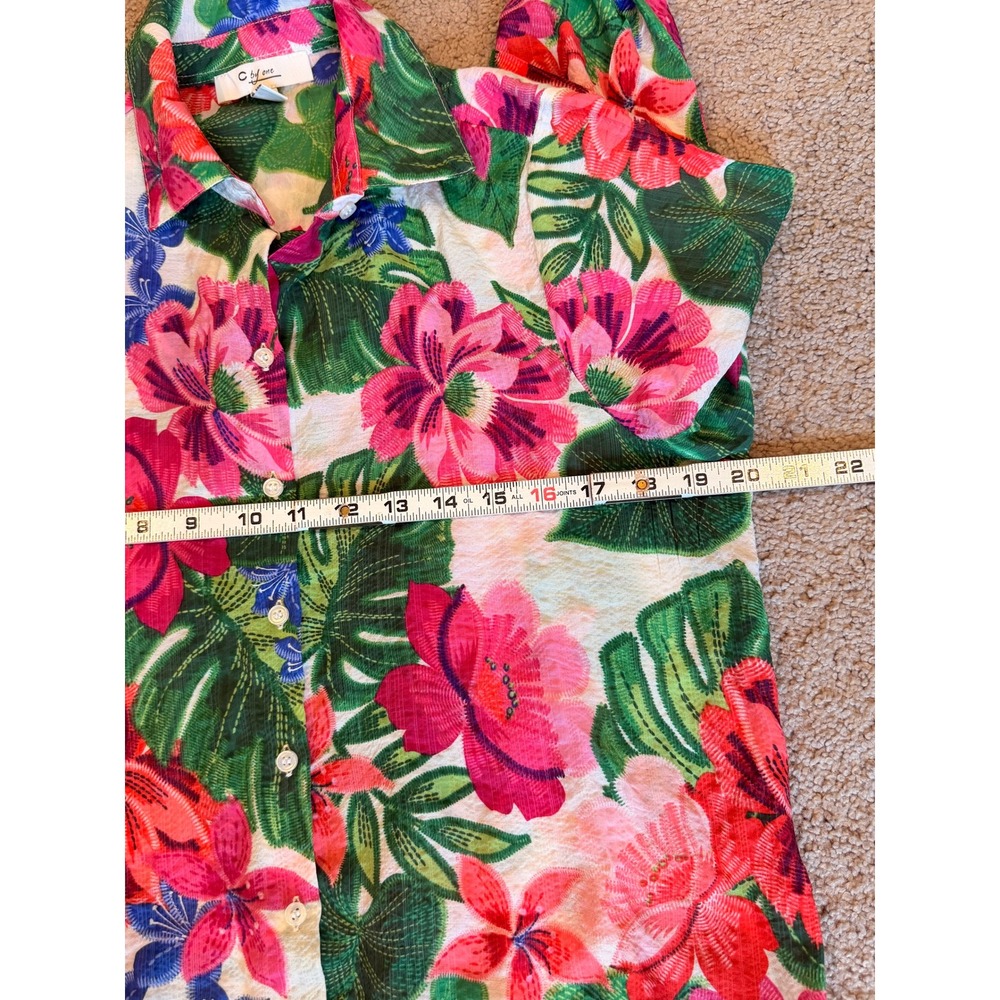 C by One Tropical Floral Button Down Shirt Pink Green XS Resort Vacation Miami - Picture 7 of 13